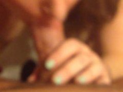 Great bathroom blowjob from girl I just met online. Huge fake tits. POV.