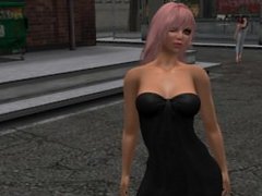 Une jolie femme virtuelle en mini robe noire et les cheveux roses