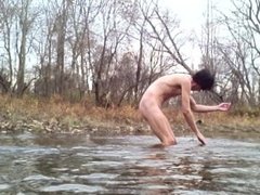 Washing Off Naked in Cold River