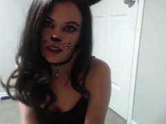 Teen in Slutty Pussy Cat Outfit Masturbates on Webcam