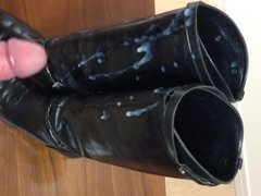 Huge, thick cumshot over wife's leather riding boots