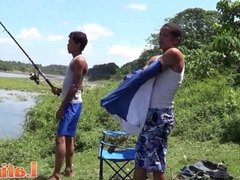 Fishing turns into oral fun for two Latino twinks