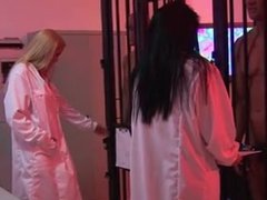 Sexy babes get pounded by two prisoners in a lab