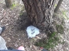 two friends pissing together a big puddle under the tree
