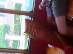 Slim guy jerking in the bus for friends