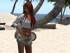 Une jolie femme virtuelle a la plage en mini jupe en jean