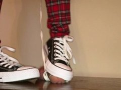 Cock box trampling by black Converse with cock on doggy lead
