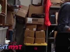 Tiny blonde thief gives blowjob and gets fucked in storage room