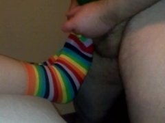 Foot domination, with mask and rainbow toe socks with cumshot