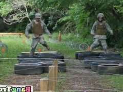 Horny gay soldiers fuck after having practice in woods