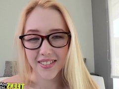 Slutty blonde teen Samantha Rone blows cock and fucks hard