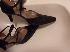 Piss in wifes black strappy high heels