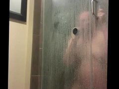 Me Sucking, Fucking a big black dildo in the shower