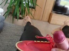 Cum on red summer sandals with nice footprints