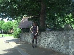 Alison having a wank outside - Stocking, Leather and plugged