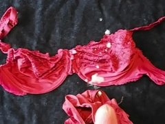 load of cum on red bra & panty