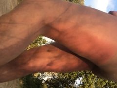 Flashing pantyhose cum outdoor