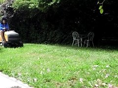 Striptease on lawn tractor - anal insertion of the lever