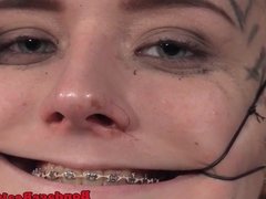 Teen sub dominated with open mouth gags