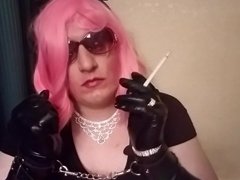 Sissy Mandy bitch in pink smoking vs120 in cuffs and gloves