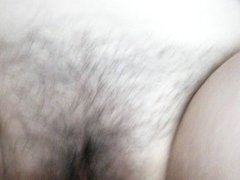 Mature wife with hairy pussy masterbates with a glass dildo for her husband