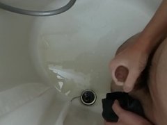 Japanese boy wet his pants and cum in shower