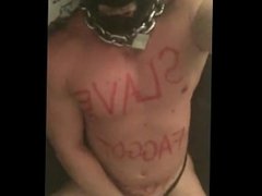 hooded fagg*t slave playing with its freshly shaven pussy on cam