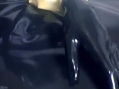 POV shiny latex layered doll on my rubber bed