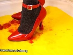 Sexy red ankle strap stiletto high heels crushing tomatoes by MaleFetish