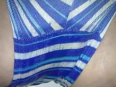 Peeing in my blue and white striped panties 1