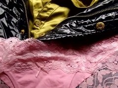 Cum on pink panties on satin blouse and shiny black jacket