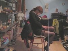 Wearing my sexy black mini skirt suit & black seam nylons