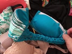 Playing with bras and bikinis cum in shoes...