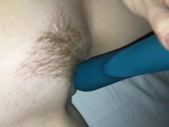 Wife masturbates trimmed bush pussy with vibrator