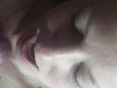 Wife jerks hubby for cum facial