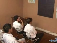 Cute twink students team up to blow their teacher