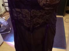 Fake Boobs - posing in long purple dress, shaved body