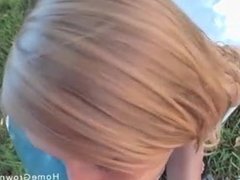 Amateur blonde masturbates then fucked outside by a big cock