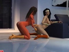Horny Spider-Woman and WonderWoman lesbian sex session