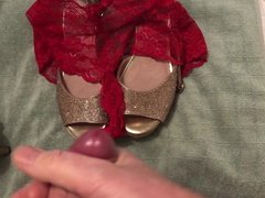 Cumming over wife's shoes and whore's panties