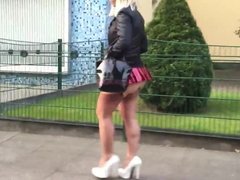 Milf public walk in micro vinyl skirt stockings porn heels