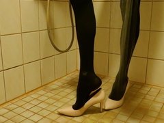 Showering in nude stiletto high heels and pantyhose