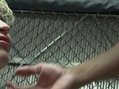 Skinny blonde 'Monique Alexandra Rock' fuck & facial in cage