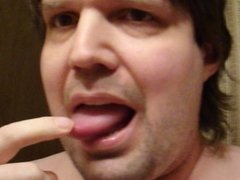 Fat man jerks off and lick his own cum
