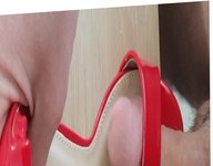 Fuck and cum in red patent high heels sandals