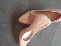 Cumming on my wife's new patent nude high heels