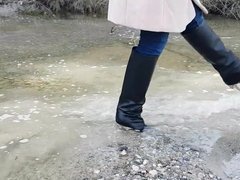 Versace metal heel leather boots in the river!