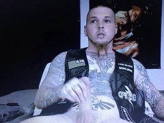 Heavily tattooed and pierced straight guy edging thick cock