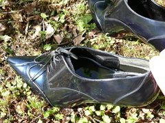 Piss in wifes blue lace-up stiletto ankle boots