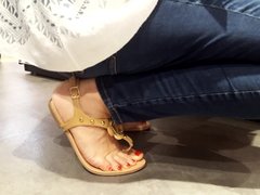 filming her sexy feets, hot red toes in sandals